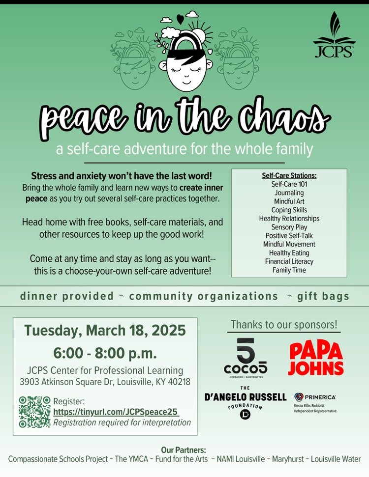 CHPCRUSADERS's tweet image. SELF-CARE ADVENTURE FOR THE WHOLE FAMILY | Join us for Peace in the Chaos: A Self-Care Adventure for the Whole Family event on Tuesday, March 18.
See the flyer below for more information, and register online: tinyurl.com
JCPSpeace25