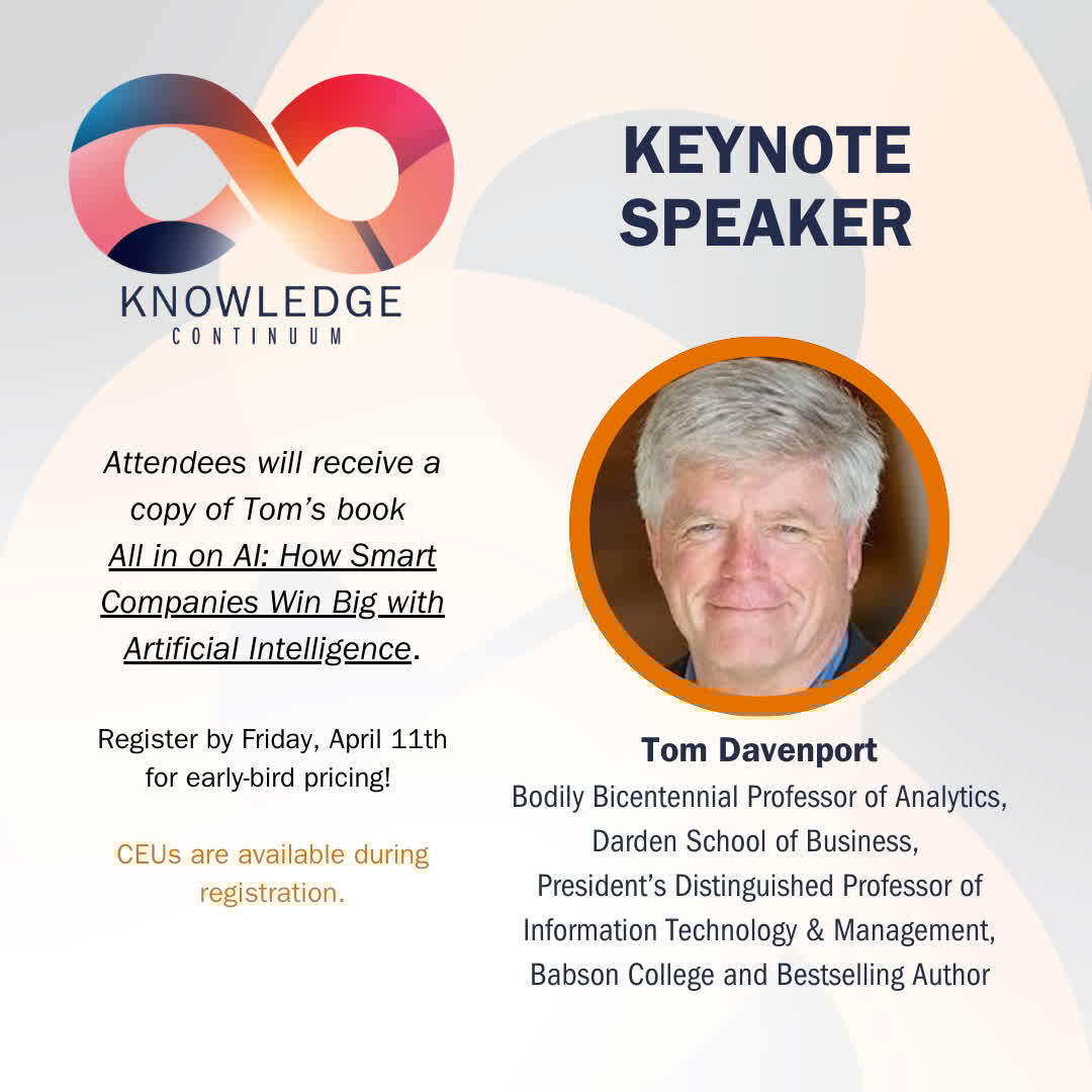 Renowned analytics, business process innovation, and AI thought leader Tom Davenport is a keynote speaker for McIntire's Knowledge ∞ Continuum May 2! Gain insights from one of the top voices in technology + business! Register now for early-bird pricing: commerce.virginia.edu/centers/cmit/k…