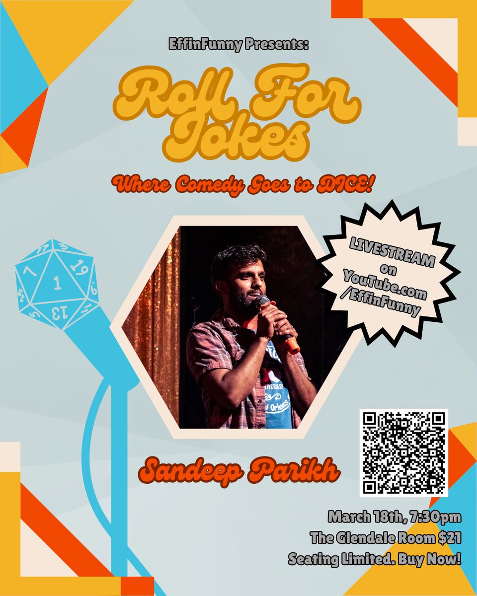 DON’T MISS DesiQuest stars <a href="/rekhalshankar/">Rekha Shankar</a> &amp; <a href="/sandeepparikh/">Sandeep Parikh</a> performing in this live show TUESDAY, MARCH 18 @ 7:30pm PT at The Glendale Room in Los Angeles! Stand up, characters, improv, &amp; a D20?!

Tickets: effinfunnystore.com/products/roll-…

LIVESTREAM will be on EffinFunny’s YouTube!!