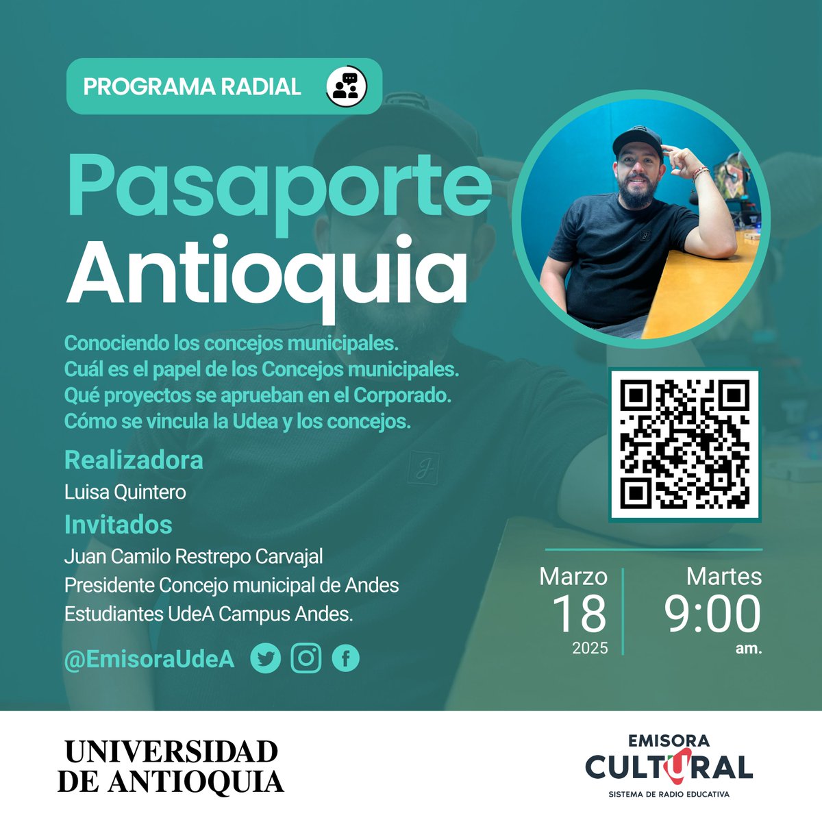 emisoraudea's tweet photo. #PasaporteAntioquia 
Sabes cuál es el papel de un Concejo Municipal? ¿Cómo se articula este con la UdeA? Resuelve esta y otras dudas hoy en nuestro Pasaporte Antioquia con Camilo Restrepo, presidente del Concejo municipal de Andes. Al aire en #Suroeste 100.9 F.M. https://t.co/O2XTBFvP5N