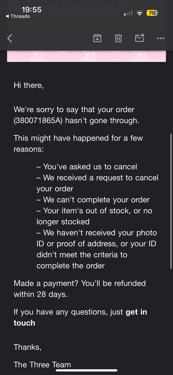 Pickle0nion's tweet photo. Just had this email? I haven’t ordered anything? @ThreeUKSupport https://t.co/ehKR0tnbOc