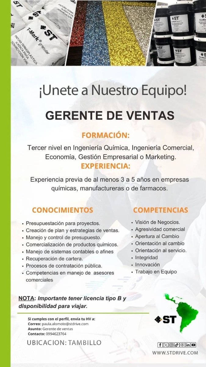 ¡ST Innova está en búsqueda de talentos como tú! 🚀

Si te apasiona las ventas y  quieres formar parte de un equipo innovador, esta es tu oportunidad. Buscamos un Gerente de Ventas.

📍 Ubicación: Tambillo
 📌 Modalidad: Presencial 

💡 Envía tu CV a: paula.alomoto@stdrive.com
