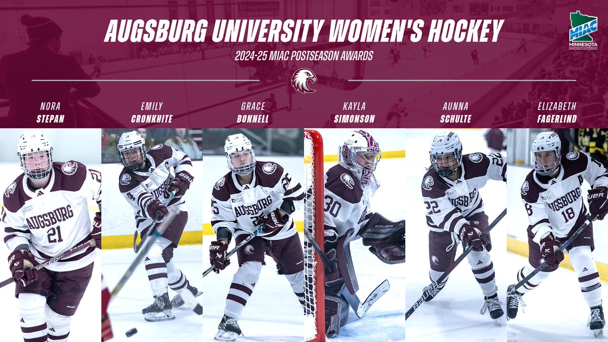AugsburgAuggies's tweet photo. WOMEN'S HOCKEY - Six members of MIAC regular-season &amp; playoff champion Augsburg receive MIAC postseason honors for 2024-25!

Story: https://t.co/sBZ7hBSXLc
#d3hky #AuggiePride https://t.co/2uVIIgI8vE