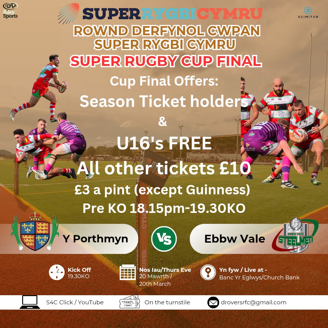 Clwb Rygbi Llanymddyfri (@llandoveryrfc) on Twitter photo ๐จSRC CUP FINAL OFFERS๐จ
๐
Nos Iau/Thursday Night
๐ <a href="/evrfc/">Ebbw Vale Rugby</a>
Season Ticket holders
&
U16's FREE
All other tickets ยฃ10
ยฃ3 a pint (except Guinness)
Pre KO 18.15pm-19.30KO
<a href="/SuperRygbiCymru/">Super Rygbi Cymru</a>
Dewch ar swn, bring the noise!
Un Clwb, Un Dre, Un Cymuned
๐ดโช๐ข ๐จSRC CUP FINAL OFFERS๐จ
๐
Nos Iau/Thursday Night
๐ <a href="/evrfc/">Ebbw Vale Rugby</a>
Season Ticket holders
&
U16's FREE
All other tickets ยฃ10
ยฃ3 a pint (except Guinness)
Pre KO 18.15pm-19.30KO
<a href="/SuperRygbiCymru/">Super Rygbi Cymru</a>
Dewch ar swn, bring the noise!
Un Clwb, Un Dre, Un Cymuned
๐ดโช๐ข