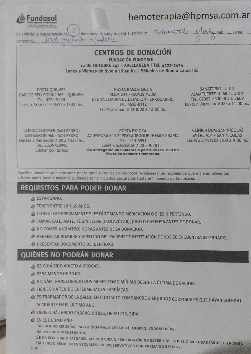 Mi mamá necesita 2 donantes para el miércoles! Si me pueden ayudar difundiendo con un rt se los agradecería.

Tienen que ir en nombre de ella y su hospital y pedir un comprobante de que donaron. Si necesitan más info o si van a donar avisenme porfi 🙏

Les dejo la info