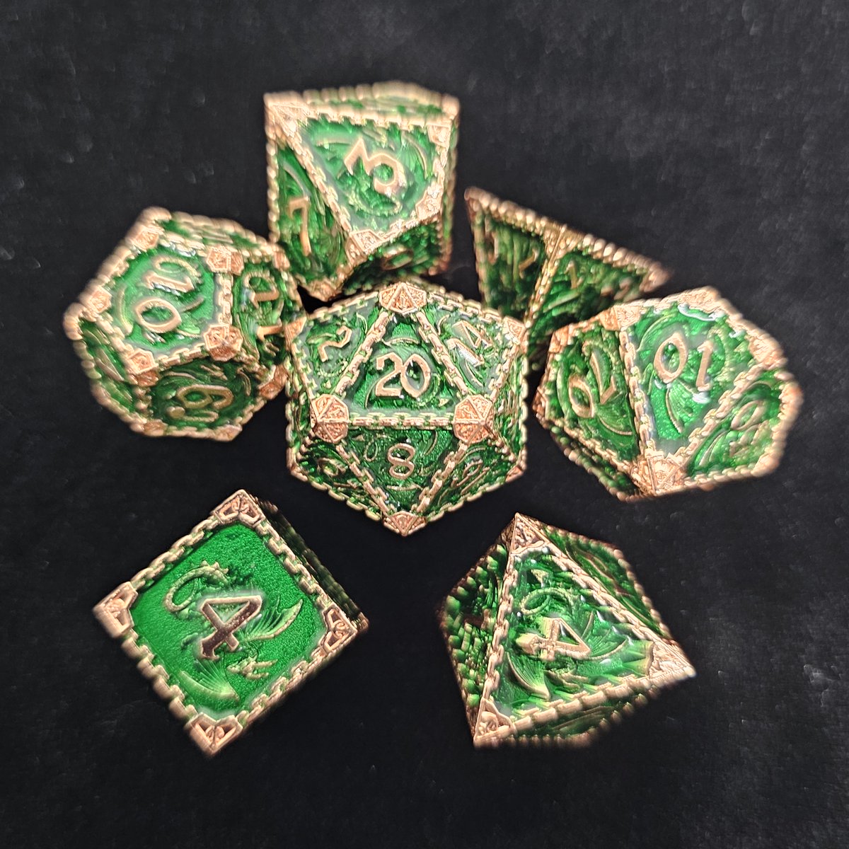 ModernArtifice's tweet image. St Patrick's Day Emerald Dragon Solid Metal Dice giveaway! Make sure to follow us, comment below, and share this post! Winner drawn on Thursday. #dice #dnd #ttrpg #rpg #gaming