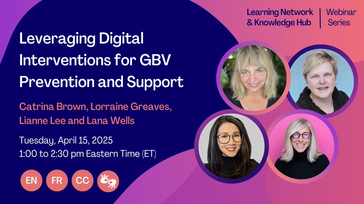 ✨Upcoming Webinar✨ 

Join our panelists as they discuss the realities of using digital interventions to provide services for gender-based violence

gbvlearningnetwork.ca/webinars/upcom…

#GBV #DigitalInterventions #OnlineServices