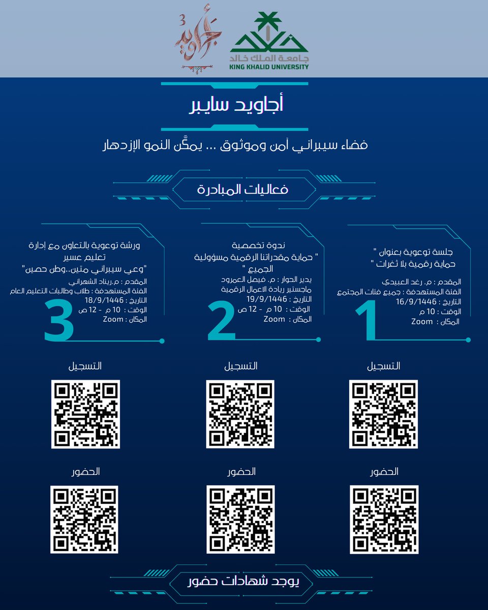 CyberKKU's tweet photo. ضيوفنا منسوبي التعليم العام ب #إدارة_تعليم_عسير 
من هيئة تعليمية وطلاب وطالبات ،، تسعد بكم الإدارة العامة للأمن السيبراني ب #جامعة_الملك_خالد من خلال تنظيم وإقامة ورشة  توعوية تهدف إلى رفع مستوى الوعي السيبراني وتعزيز وحماية المقدرات والمكتسبات الوطنية الرقمية .
التفاصيل بالمرفق https://t.co/eGfhQtvUdZ