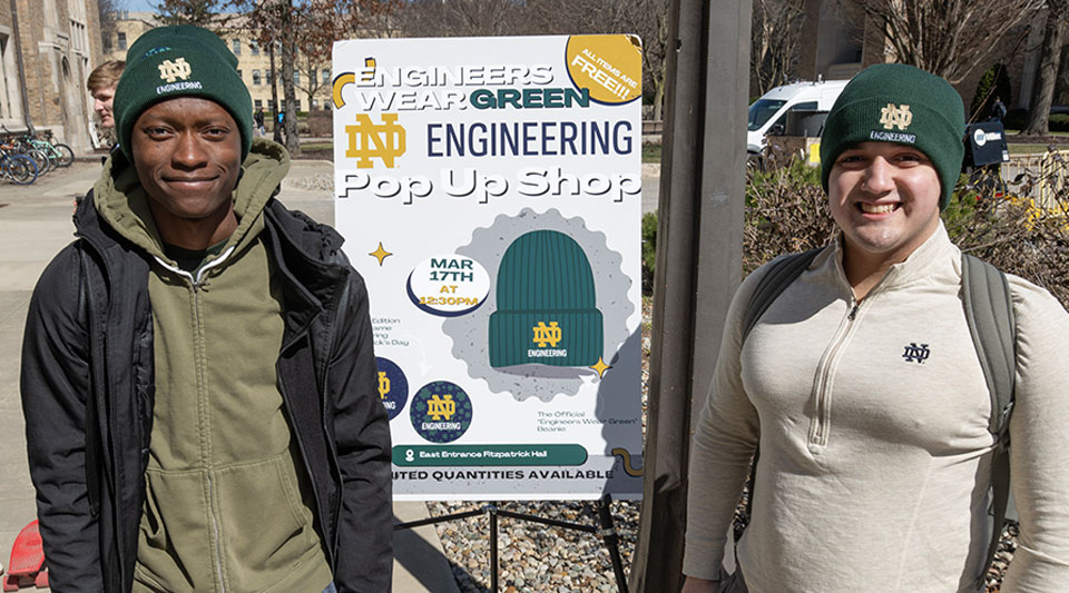 ND Engineers Wear Green! 💚🍀 Our St. Patrick’s Day pop-up was packed! We handed out green beanies and ND Engineering shamrock stickers—because no St. Paddy’s Day fit is complete without some Irish engineering pride. (Fun fact: St. Patrick is the patron saint of engineers!)