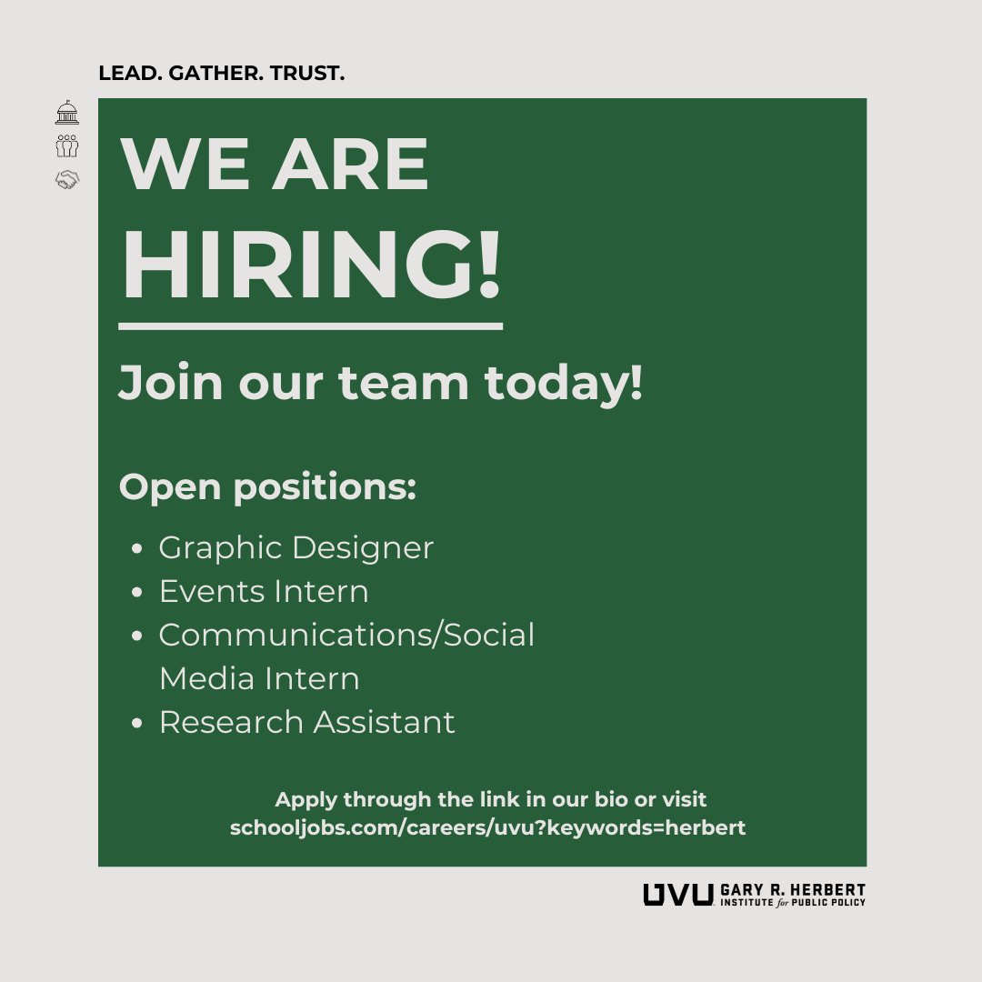 NOW ACCEPTING APPLICATIONS! 

Interested in growing your communications, research, or graphic design skills? Join our team today! Visit schooljobs.com/careers/uvu?ke… for more information or click the link in our bio.
