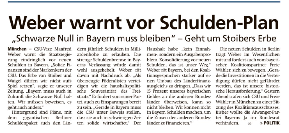 Christian Deutschländer (@cdeutschlaender) on Twitter photo CSU-Vize Manfred Weber erinnert seine Partei ans Sparen. Er warnt eindringlich vor neuen Schulden in Bayern - da gehe es auch ums Erbe von Stoiber und Waigel, sagt <a href="/ManfredWeber/">Manfred Weber</a> Morgen im <a href="/MerkurStadt/">Münchner Merkur</a> CSU-Vize Manfred Weber erinnert seine Partei ans Sparen. Er warnt eindringlich vor neuen Schulden in Bayern - da gehe es auch ums Erbe von Stoiber und Waigel, sagt <a href="/ManfredWeber/">Manfred Weber</a> Morgen im <a href="/MerkurStadt/">Münchner Merkur</a>
