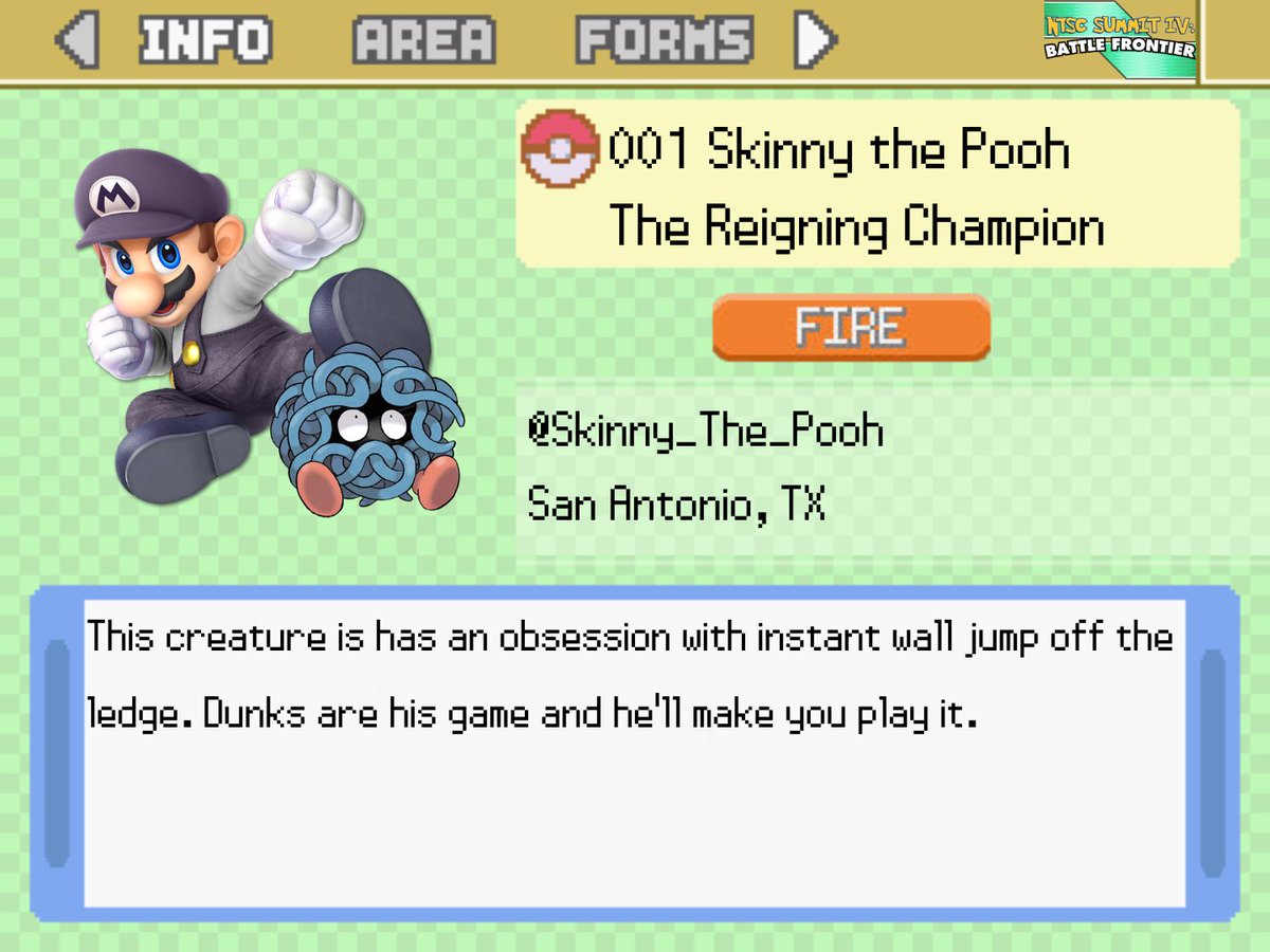 North Texas Smash Club (@ntscsmash) on Twitter photo Coming back to defend his title, <a href="/Skinny_The_Pooh/">Ego | Skinny</a> is playing in NTSC Summit IV: Battle Frontier! With the fire type, he's sure to light it up on the big stage! Coming back to defend his title, <a href="/Skinny_The_Pooh/">Ego | Skinny</a> is playing in NTSC Summit IV: Battle Frontier! With the fire type, he's sure to light it up on the big stage!