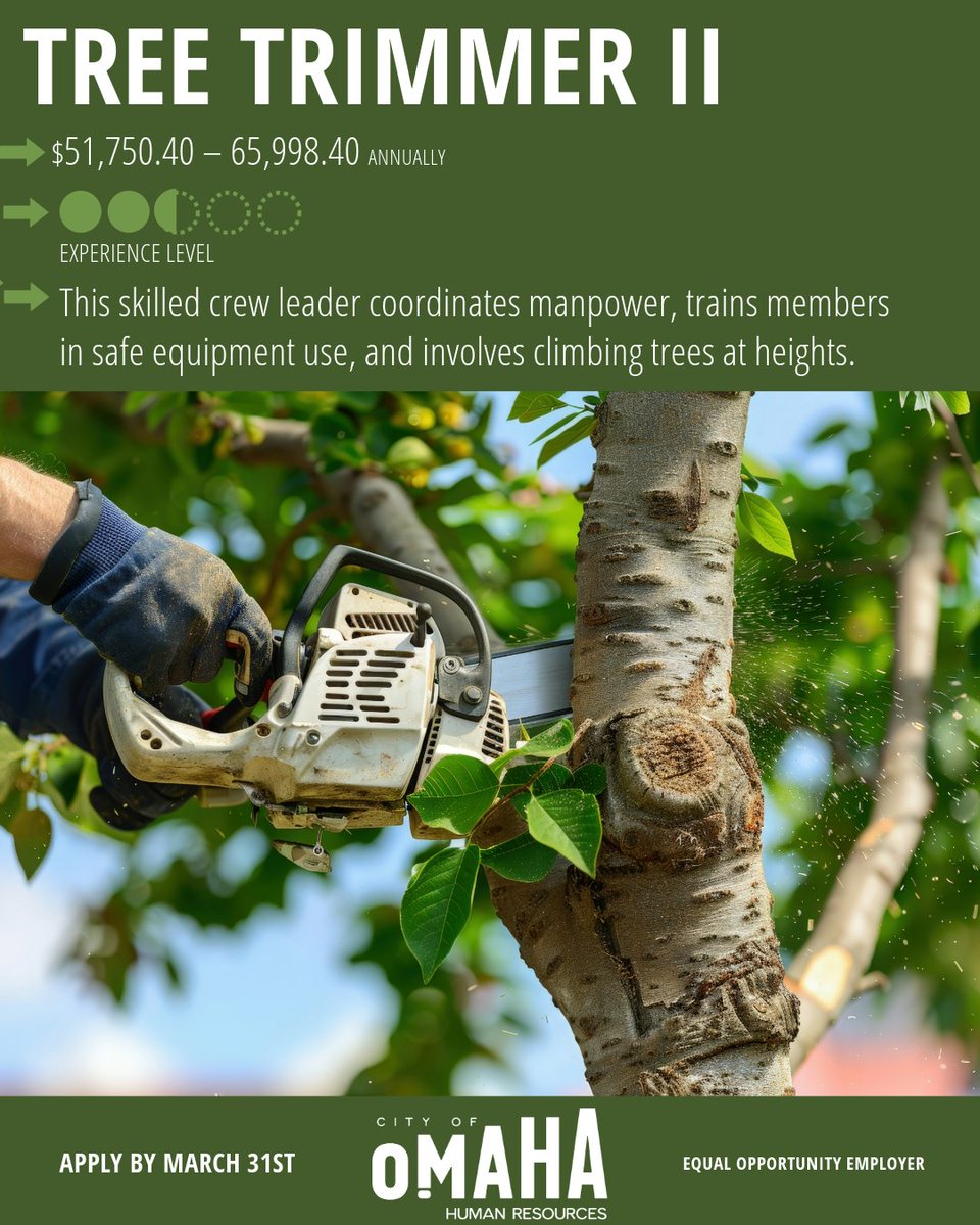 omahanehr's tweet image. 🌳 We&apos;re Still Hiring! Tree Trimmer II – City of Omaha 
Apply by March 31st 👉 go.cityofomaha.org/2871
Join a team that takes care of Omaha’s trees and enjoys great benefits and job security. 🌲💼 #OmahaJobs #HiringNow #TreeTrimmer