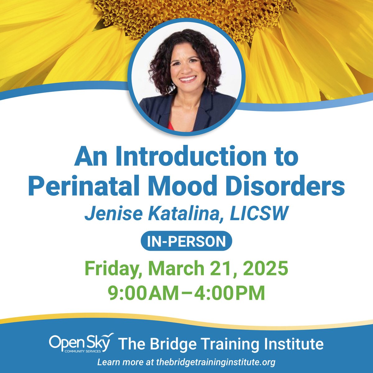 Open Sky Community Services (@openskycsorg) on Twitter photo Perinatal mood disorders impact many—but are often overlooked. Join Jenise Katalina, LICSW, for this essential in-person training on recognizing and addressing these conditions.
March 21, 2025 | In-Person | 9 AM - 4 PM
Sign up: bridgetraininginstitute.givecloud.co/product/JKatal…
#MentalHealth #Training Perinatal mood disorders impact many—but are often overlooked. Join Jenise Katalina, LICSW, for this essential in-person training on recognizing and addressing these conditions.
March 21, 2025 | In-Person | 9 AM - 4 PM
Sign up: bridgetraininginstitute.givecloud.co/product/JKatal…
#MentalHealth #Training