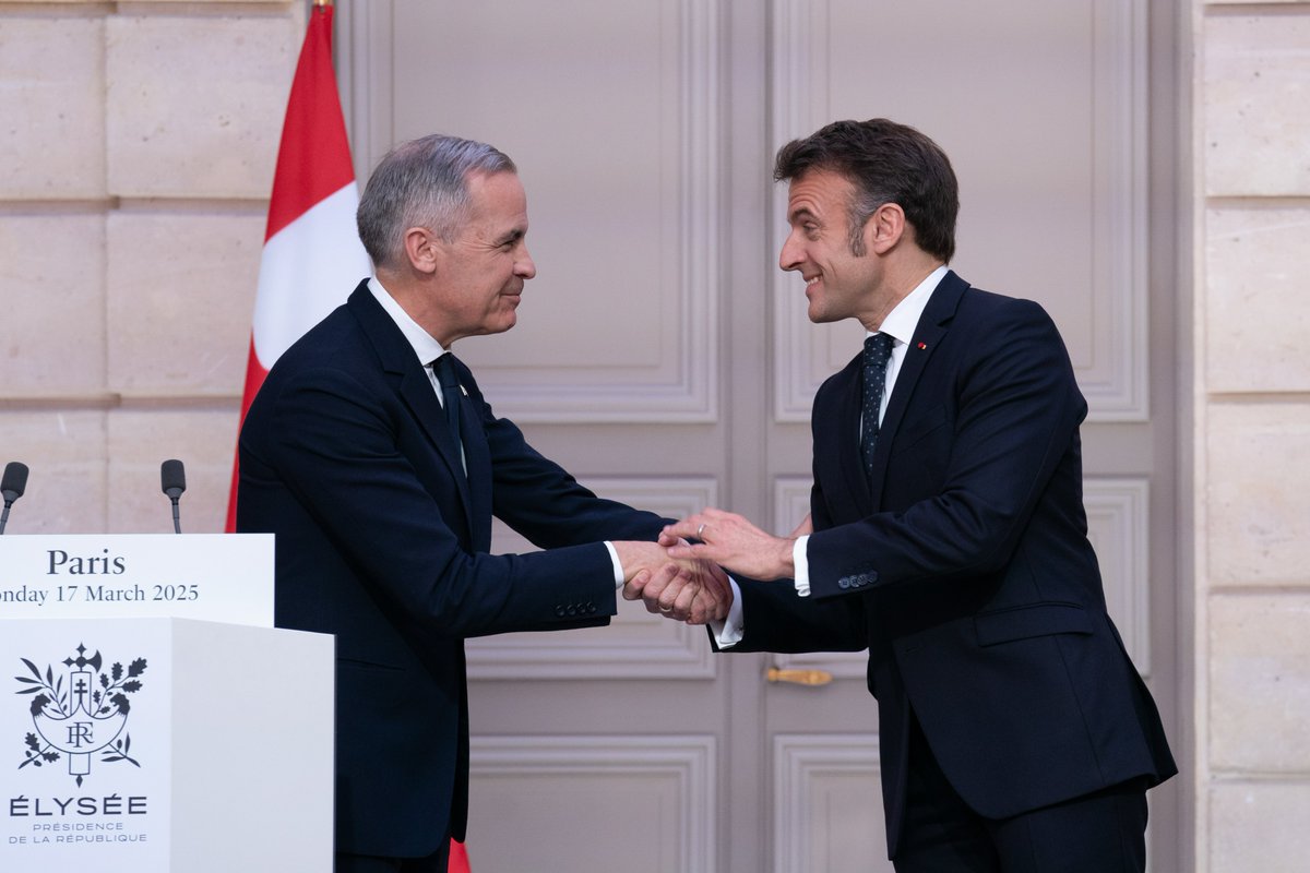 MarkJCarney's tweet image. Le Canada est fort. Et, avec nos alliés, nous sommes encore plus forts.
 
Heureux de vous avoir rencontré en France, @EmmanuelMacron. L’amitié entre nos deux pays fait l’envie du monde entier.
