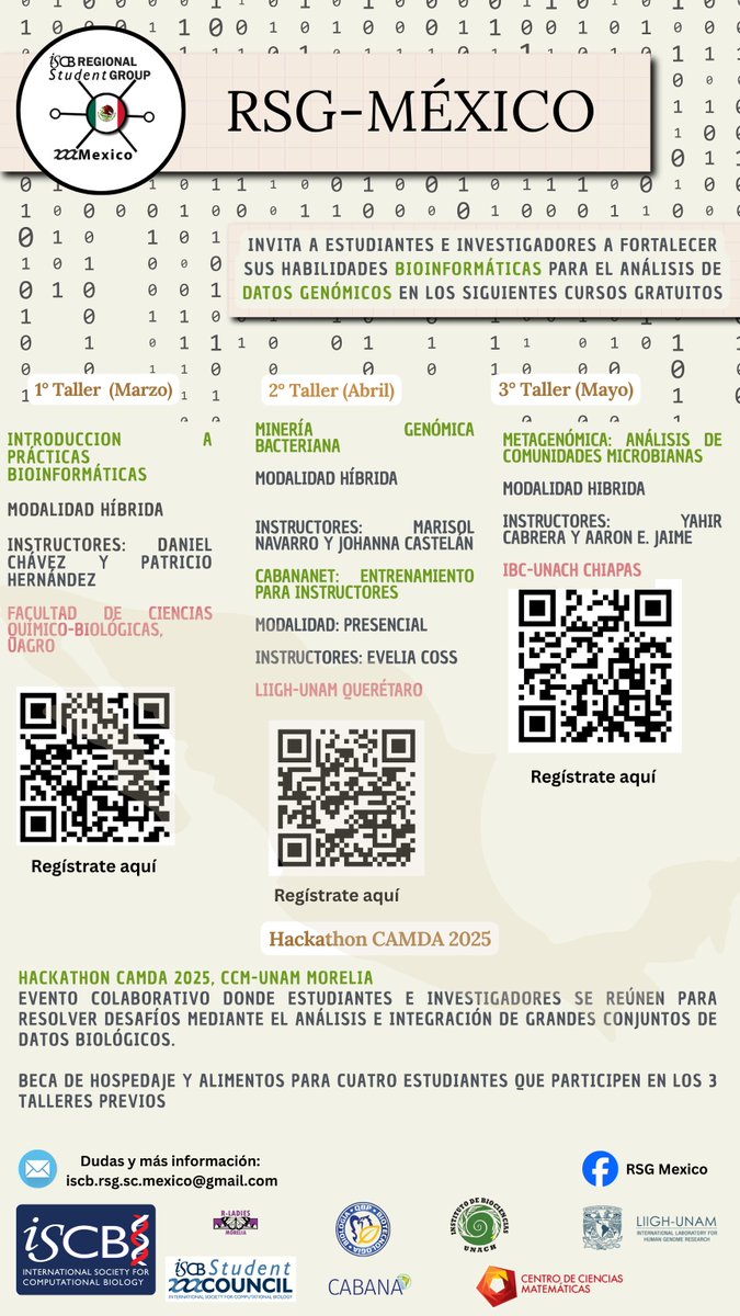 RSG_ISCB_Mexico's tweet photo. ¡Avancemos juntos en la bioinformática !
El equipo del RSG México estamos organizamos una serie de talleres gratuitos y un hackatón en Morelia, donde trabajaremos con datos reales del desafío CAMDA 2025. https://t.co/1x2jdaP3mg