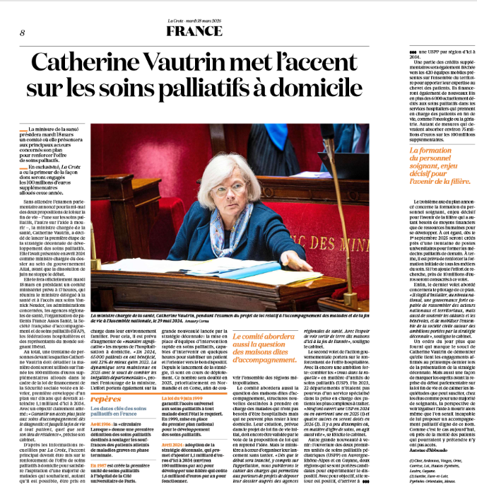 La ministre <a href="/CaVautrin/">Catherine Vautrin</a> présidera mardi 18 mars un comité pour présenter aux acteurs concernées les mesures qui permettront en 2025 d'améliorer l'offre de soins palliatifs, notamment à domicile. A lire en exclusivité sur la-croix.com et l'édition print de <a href="/LaCroix/">La Croix</a>