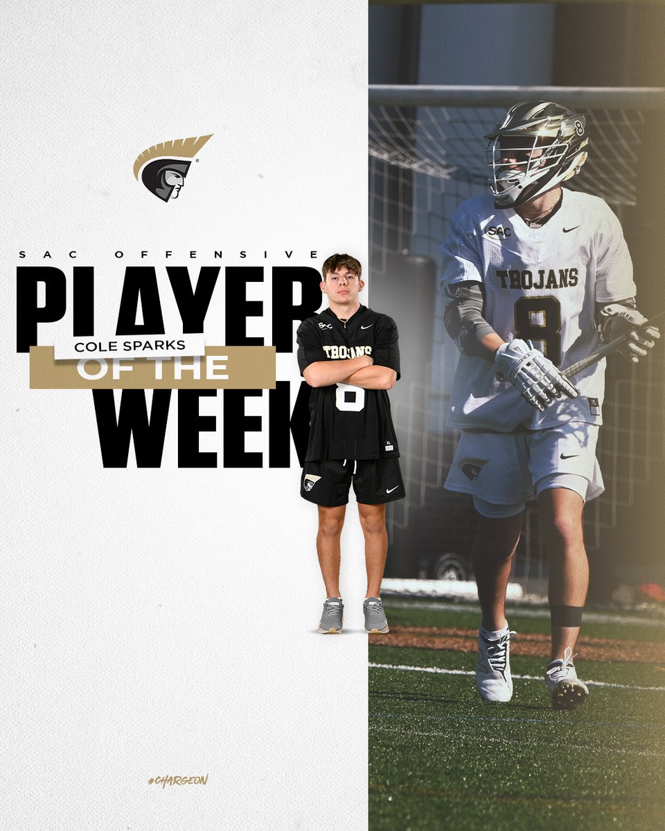 SAC Offensive POTW💪

Sparks recorded a career-high six goals on only seven shots in the Trojans 21-14 victory over Lander, and he now also leads the team in assists!

Congratulations, Cole! #ChargeOn