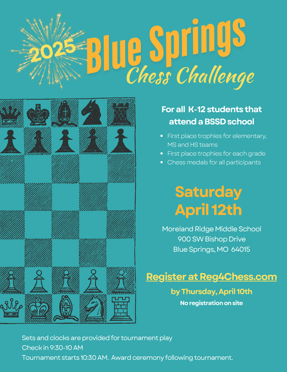 BSSDnews's tweet photo. BSSD’s annual Chess Tournament in partnership with the Kansas City Chess Club takes place Saturday, April 12 at @MRMSHUSKIES!♟️

The event is open to BSSD students K-12, and all skill levels are welcome. Trophies are awarded for first-place finishers in each grade level. Online pre-registration is required.

Learn more or register today at: https://t.co/ufzQ2Oxpbr