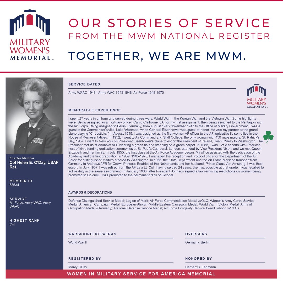 womensmemorial's tweet photo. Happy St. Patrick's Day from the Military Women's Memorial!

We scoured our National Register to see what stories of service we could find that mentioned St. Patrick's Day.

#HerMemorial #militarywomenleadtheway #HonorEducateEmpowerRemember
#StPatricksDay https://t.co/stNUZG5y1b