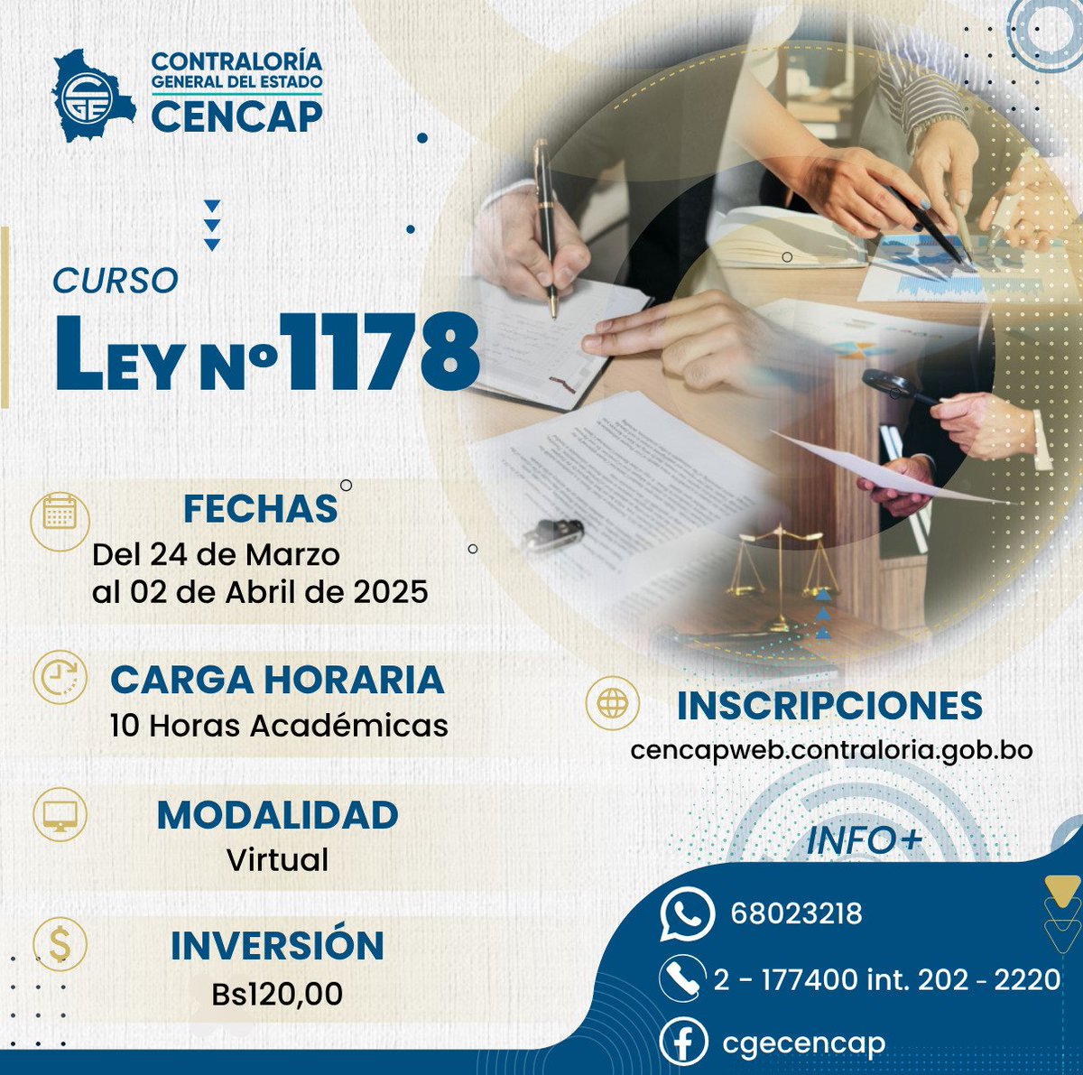 cgecencap's tweet photo. ¡CURSO INTRODUCTORIO!
⚖ 𝙇𝙚𝙮 1178  #Virtual
📅 Del 24 marzo al 02 abril 2025
Carga horaria: 10 horas
💰Costo: Bs 120
📲Info: 68023218
📍Dirigido a: Servidores Públicos
🔎Prerrequisito: Aprobar Políticas Públicas
✍️ Inscríbete https://t.co/cAsggDCVI7
#CENCAP
#CONTRALORIABOLIVIA https://t.co/DVIuRuOnjf