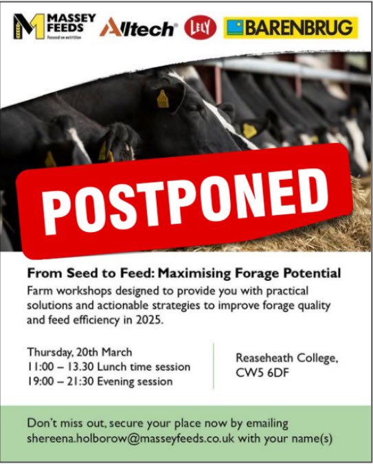 Sadly we have had to postpone our silage meeting this Thursday - we will come back to you with a new date soon! 

Keep your 👀 peeled! 

#masseyfeeds