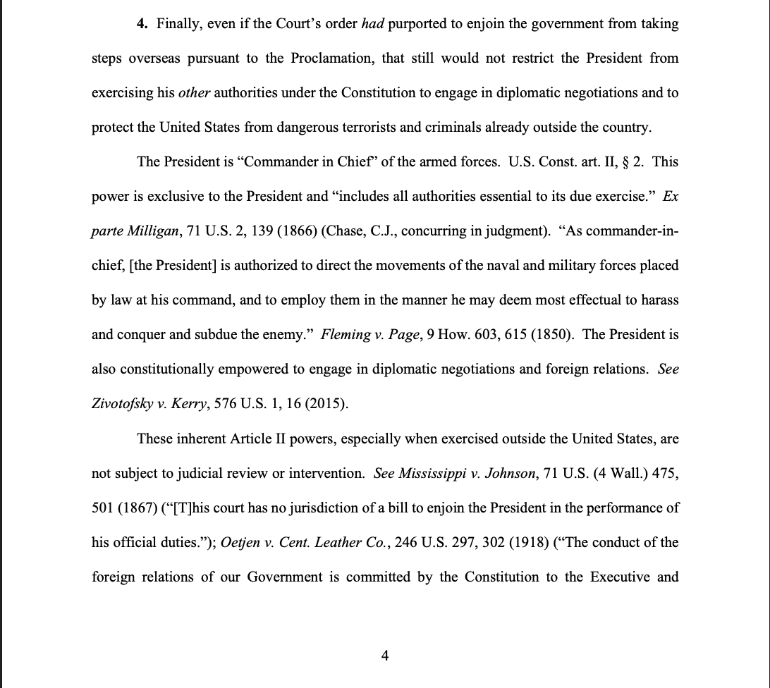 baldwin_daniel_'s tweet photo. The DOJ responds to Judge Boasberg:

Bondi highlights immediately "the Court lacks the jurisdiction" to interfere with Trump's national security and foreign affairs authority.

They also say Trump's role as Commander in Chief is "not subject to judicial review or intervention." https://t.co/GRuoFALFtr