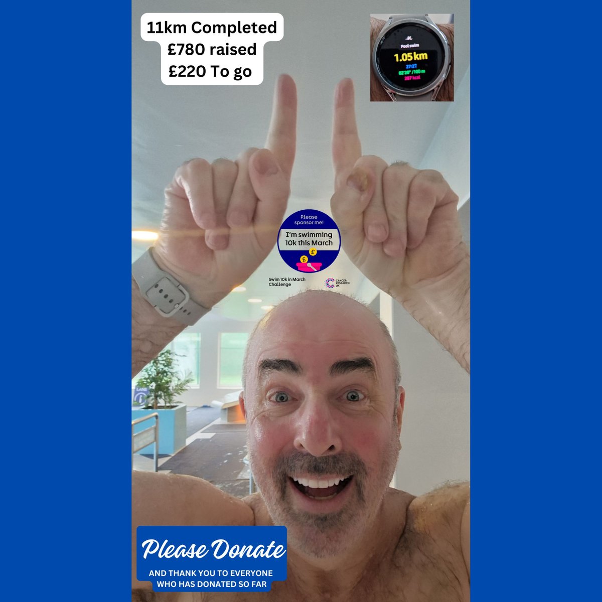 So begining of Week 3 and I've just finished my 11th Kilometre. I've raised £780 so far out of my £1000 target. If you know anyone that has been affected by cancer, then please donate. Donate here: fundraise.cancerresearchuk.org/page/bradswims… #Swim10km #royalmarsden #jameslarkin #hashahmed