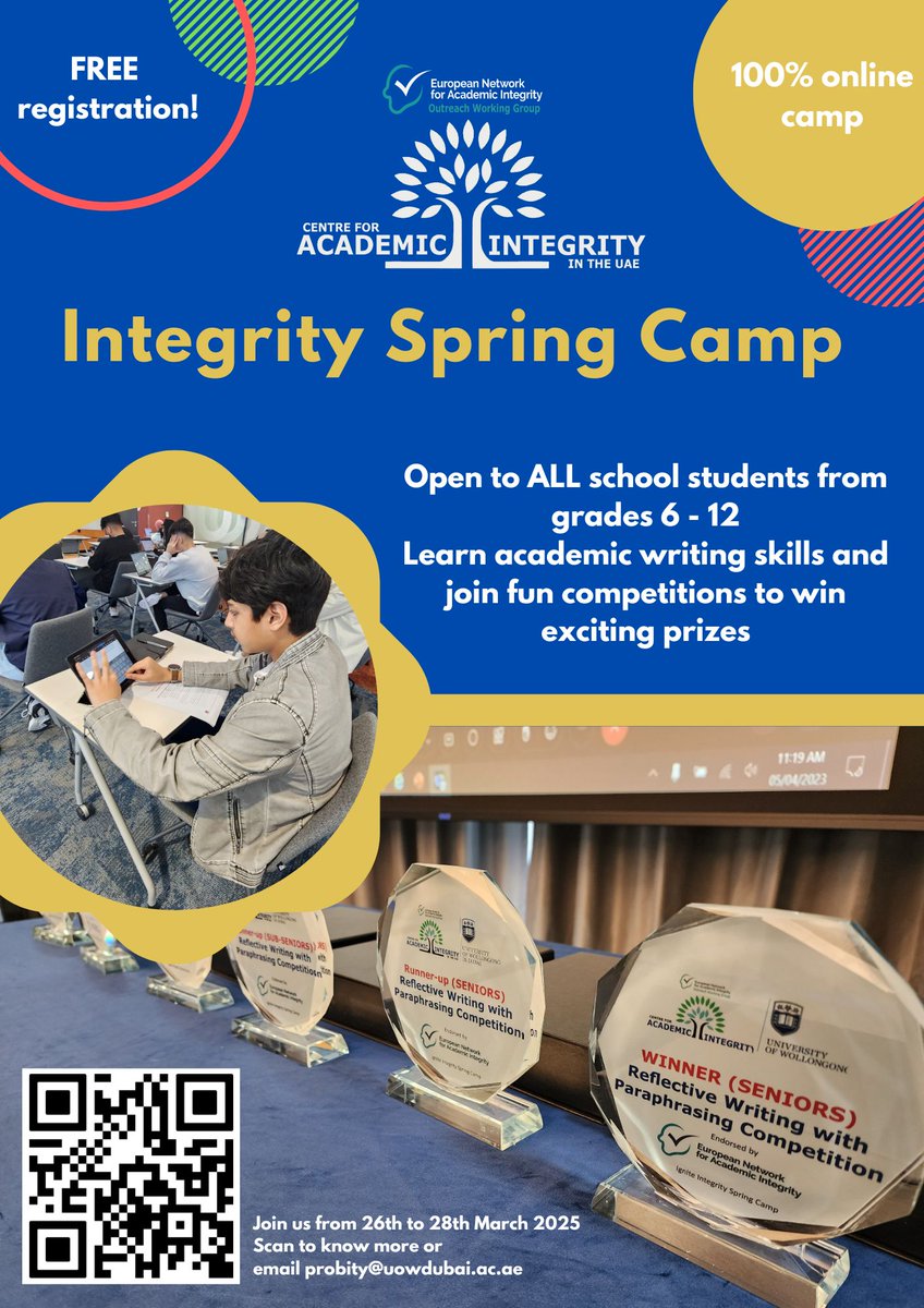 Calling all school students Grades 6 - 12!

During this Ramadan break, join us 100% online for our annual Integrity Spring Camp, engage in hands-on workshops and competitions and have fun!

To know more and register for FREE, see academicintegrity-uae.com/springcamp

#igniteintegrity