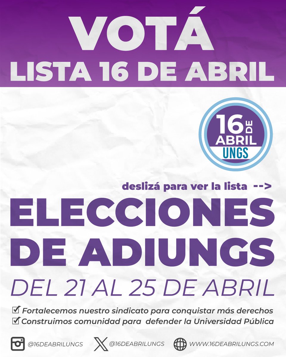 16deabrilungs's tweet photo. 📢✨Desde 𝐥𝐚 𝟏𝟔 𝐝𝐞 𝐚𝐛𝐫𝐢𝐥 les compartimos nuestra lista para las elecciones de Comisión Directiva de @adiungs que son del 21 al 25 de abril. 📚✌️ https://t.co/jsuk4aiq1Y