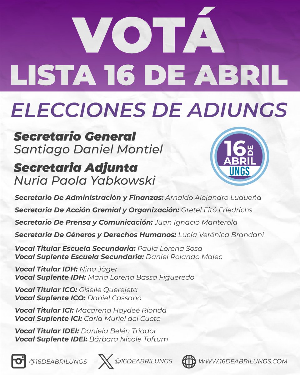 16deabrilungs's tweet photo. 📢✨Desde 𝐥𝐚 𝟏𝟔 𝐝𝐞 𝐚𝐛𝐫𝐢𝐥 les compartimos nuestra lista para las elecciones de Comisión Directiva de @adiungs que son del 21 al 25 de abril. 📚✌️ https://t.co/jsuk4aiq1Y