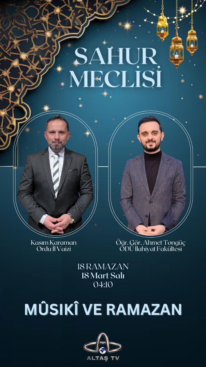 Bugün saat 04.10’da Altaş TV’de Kasım Karaman ile birlikte ‘Sahur Meclisi’ programında “Ramazan ve Mûsikî” üzerine keyifli bir sohbetle evlerinize misafir olacağız.Müsait olan tüm dostlarımızı bekleriz..