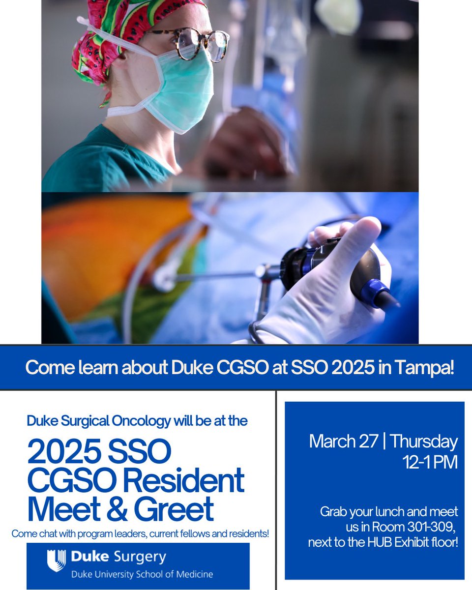 Duke Surgical Oncology (@dukesurgonc) on Twitter photo We're only 1⃣0⃣ days away from the #SSO2025 CGSO Meet and Greet in sunny Tampa, FL. Our Duke Surgical Oncology CGSO leadership, CGSO fellows & <a href="/DukeSurgRes/">Duke General Surgery Residency</a> residents are excited to meet you! Grab your lunch + come chat with us at 12 PM on Thursday, March 27th! <a href="/SocSurgOnc/">Society of Surgical Oncology</a> We're only 1⃣0⃣ days away from the #SSO2025 CGSO Meet and Greet in sunny Tampa, FL. Our Duke Surgical Oncology CGSO leadership, CGSO fellows & <a href="/DukeSurgRes/">Duke General Surgery Residency</a> residents are excited to meet you! Grab your lunch + come chat with us at 12 PM on Thursday, March 27th! <a href="/SocSurgOnc/">Society of Surgical Oncology</a>