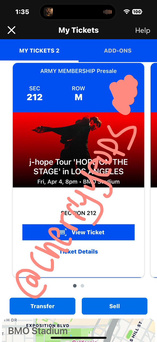 cherryyeops's tweet photo. WTS 2 JHOPE IN LA TICKETS !! APRIL 4 D-1 

me and my friend unfortunately cannot attend anymore so we need to sell our tickets ! </3 

selling for $90 each !  price is negotiable ! can provide proof ! 

sec 212 row M ! dm/comment if interested!

#JHOPETickets #HOPE_ON_STAGE_TOUR https://t.co/TOY8WobMT4