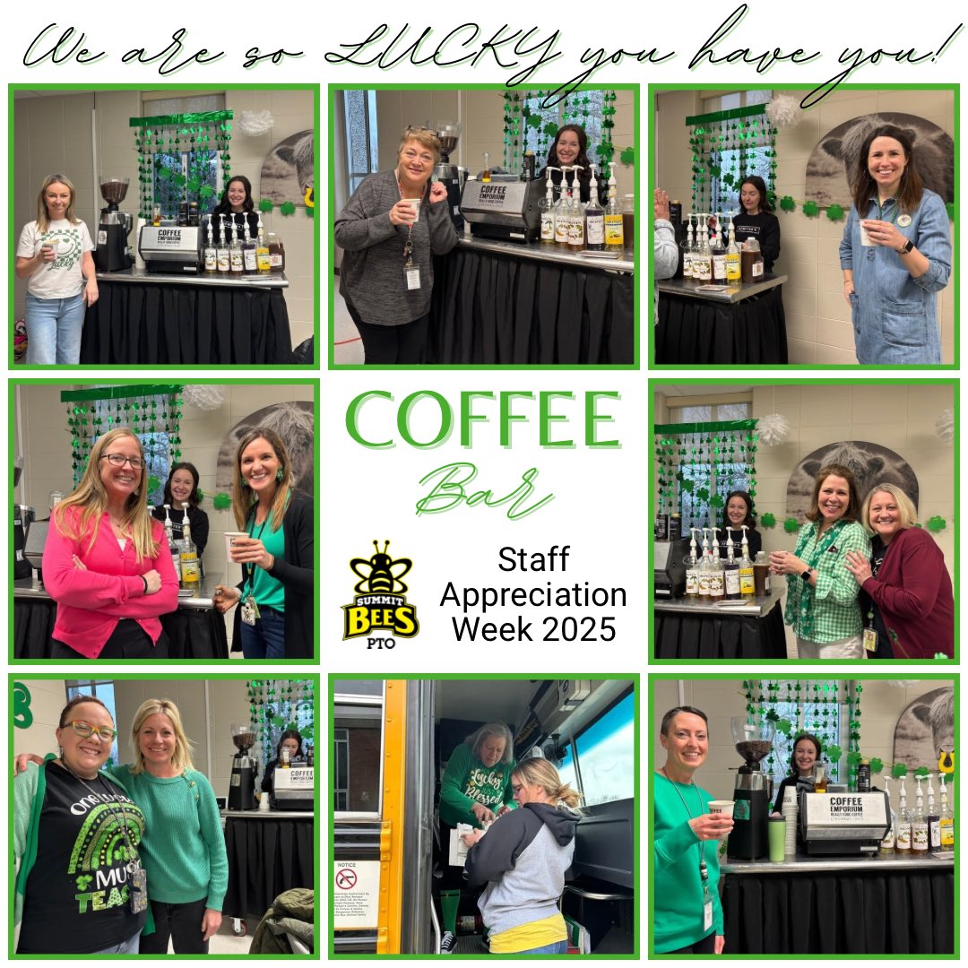 To kick off Teacher and Staff Appreciation Week, Summit PTO brought in Coffee Emporium’s Coffee Bar this morning! 
☘️ #weresoluckytohaveyouasteachersandstaff
<a href="/summitbees/">SummitElementaryFHSD</a> <a href="/FHSchools/">FHSD</a>