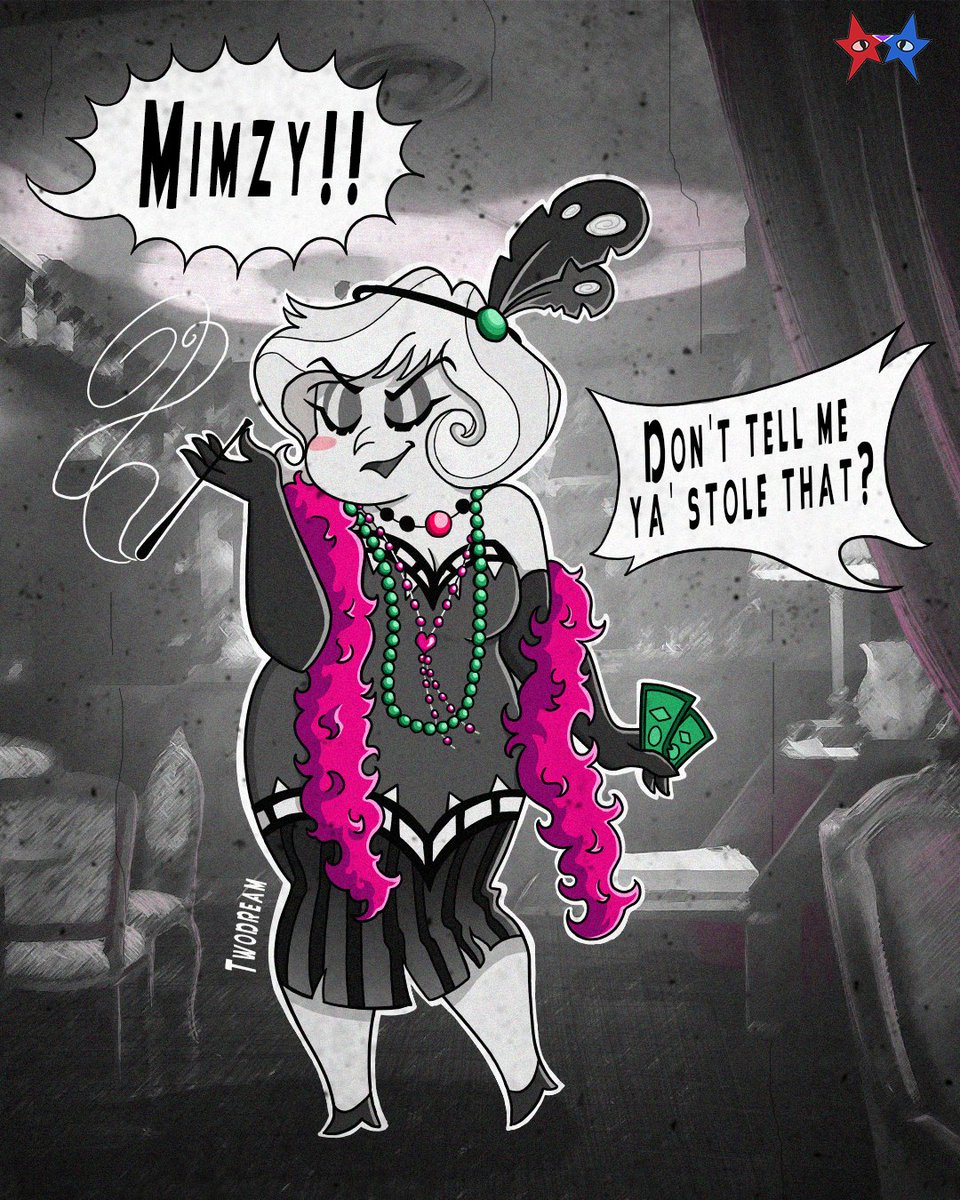 TwoDream48's tweet photo. MIIIMZZY!! Gets TOO much hate and NOT enough fan art, so i HAD to step in 😎

- I always thought her eye shadow was giving 1930s cartoon vibes, so i went full vintage with this!

#fanart #hazbinhotel #hazbinhotelfanart #mimzy #digitalart https://t.co/za45nMNcFh