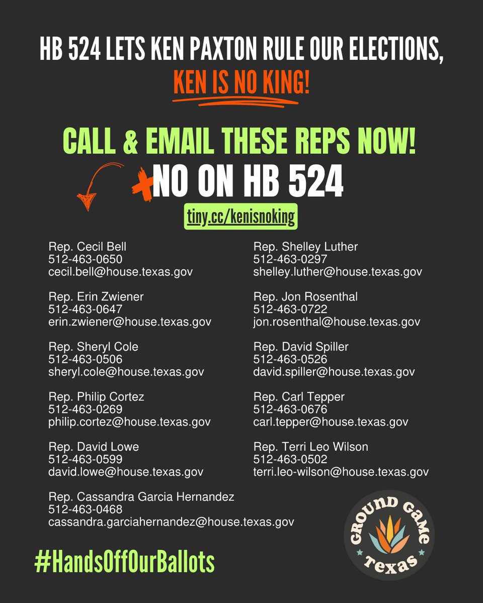 HB 524 is a power grab! Ken Paxton is no king—but this bill lets him block elections before Texans even vote.

We already have a system—the courts. HB 524 hands power to state bureaucrats &amp; silences local voters.

📢 Call your Rep &amp; tell them: VOTE NO on HB 524!