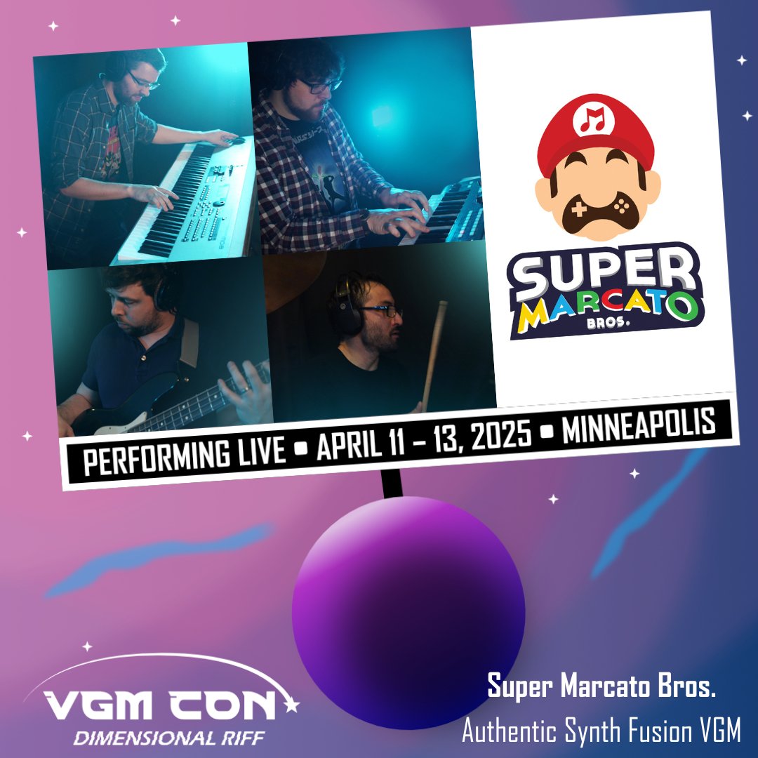 VGMCon's tweet image. Next month the Super @marcatobros are expected to go SUPERNOVA💥 sending powerful waves🌊 of energetic and groovy VGM into all parts of the galaxy 🌌 but the VGM CON sector🌐 centered around Minneapolis, MN is expected to bear the brunt of this funky 4-piece from April 11 to 13🗓️