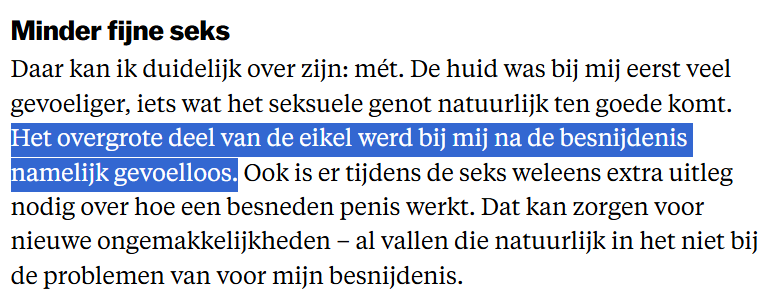 Parool journalist, Jesper Roele, liet zich om medische redenen op zijn 23e besnijden. Seks werd er niet beter op.

Bizar dat het toegestaan is om jongetjes zonder medische noodzaak genitaal te verminken.

Link naar artikel:
archive.ph/dYCno