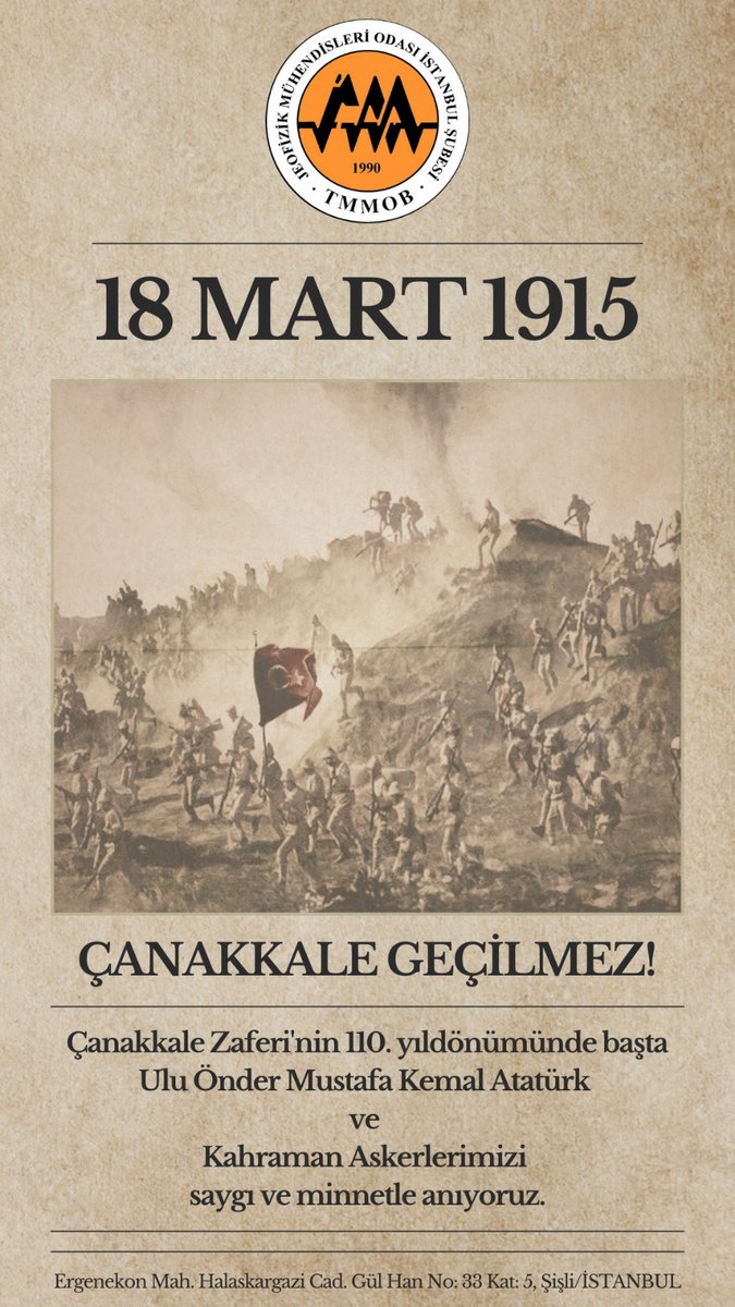 ÇANAKKALE GEÇİLMEZ! 

Çanakkale Zaferi'nin 110. yıldönümünde başta Ulu Önder Mustafa Kemal Atatürk ve Kahraman Askerlerimizi saygı ve minnetle anıyoruz.