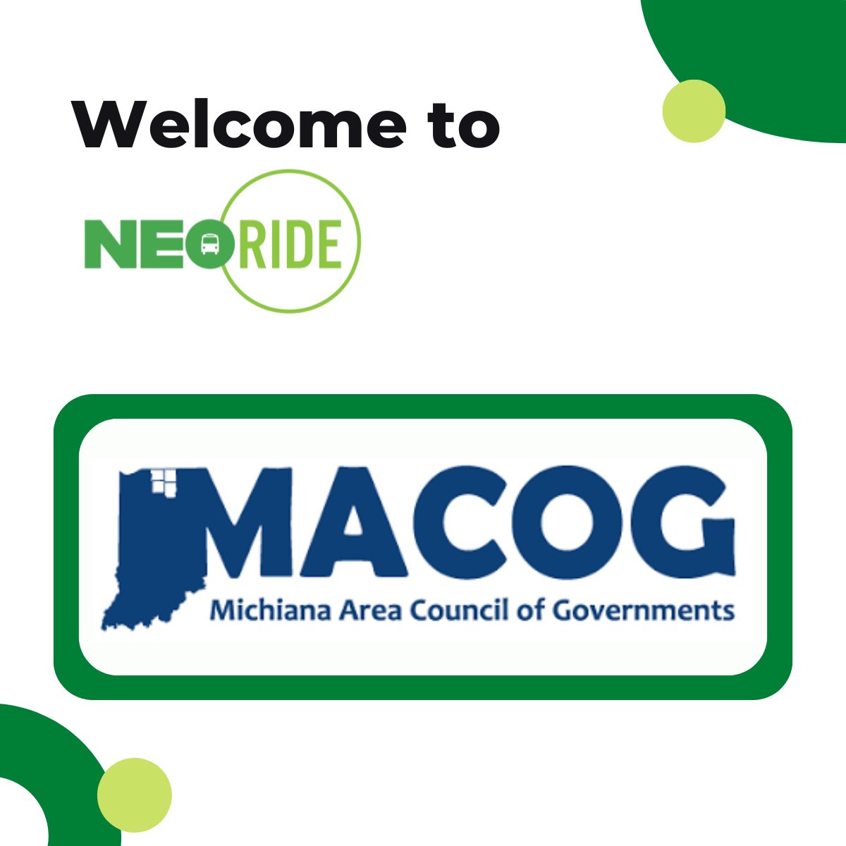 📢 Exciting News! NEORide welcomes the Michiana Area Council of Governments (MACOG) to our regional transportation partnership!

MACOG plays a vital role in enhancing mobility across Northern Indiana and Southwestern Michigan. 🚌