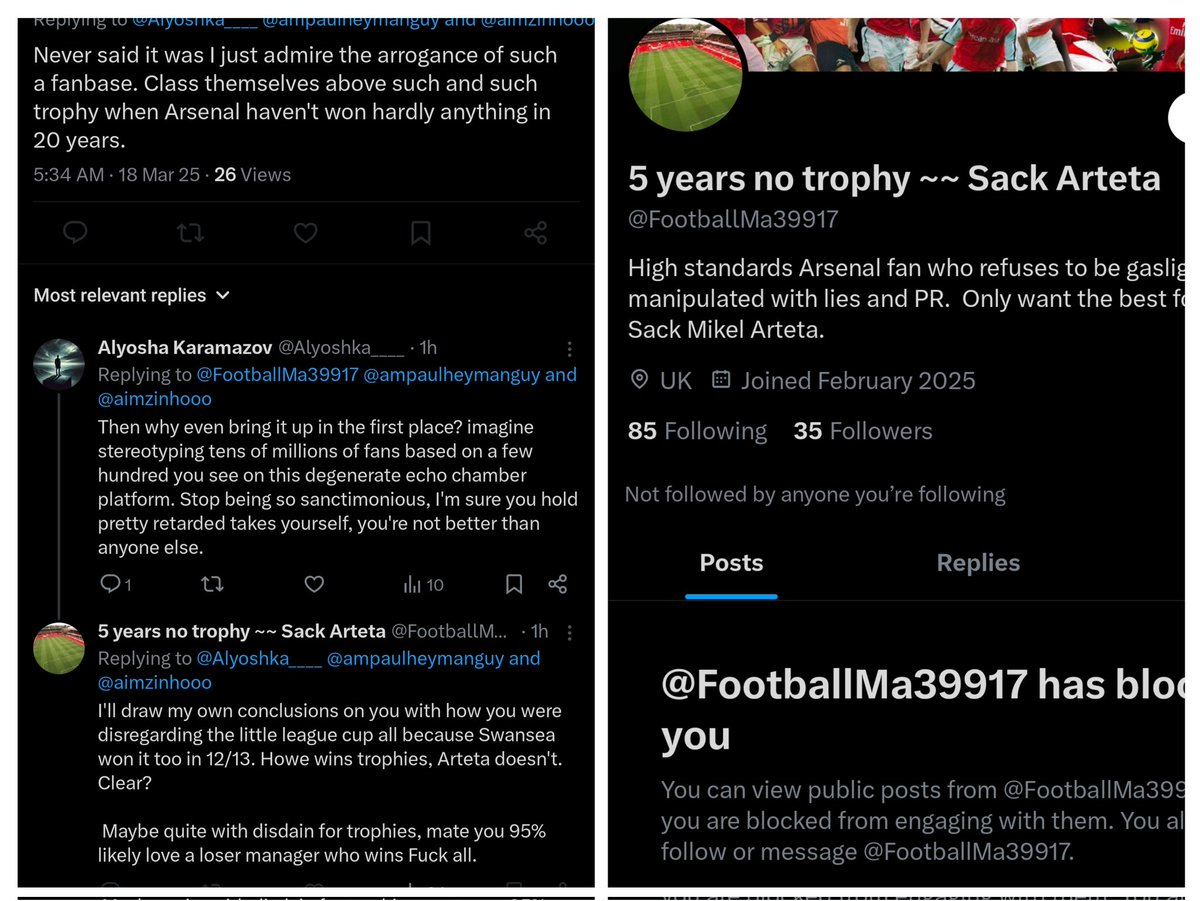 Alyoshka____'s tweet image. Can&apos;t even have a rational conversation with these primates before they scurry off. Imagine being so bitch made that your identity revolves around tugging it to the manager&apos;s tenure only to give up when faced with an intellectually superior being. #Arteta #fakefans