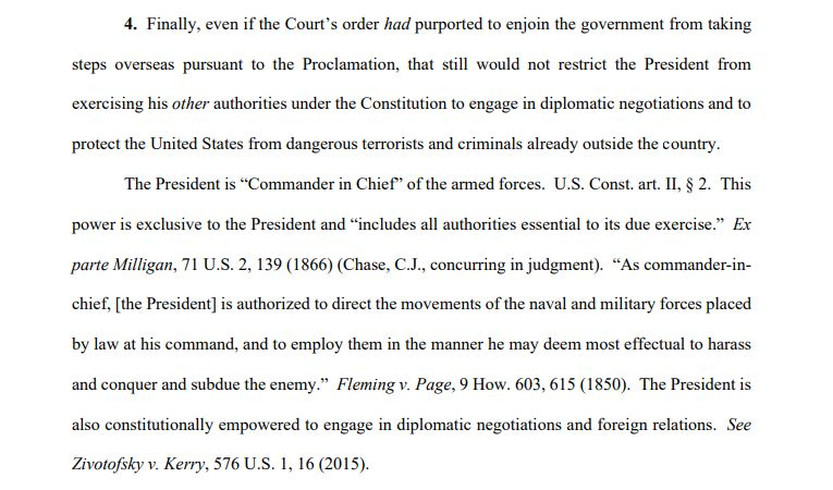 This filing is completely incoherent. They say that even if they broke the order, Trump had inherent power as commander in chief to direct military assets.

But these were charter plane flights run by a private prison company subsidiary on a contract with ICE...