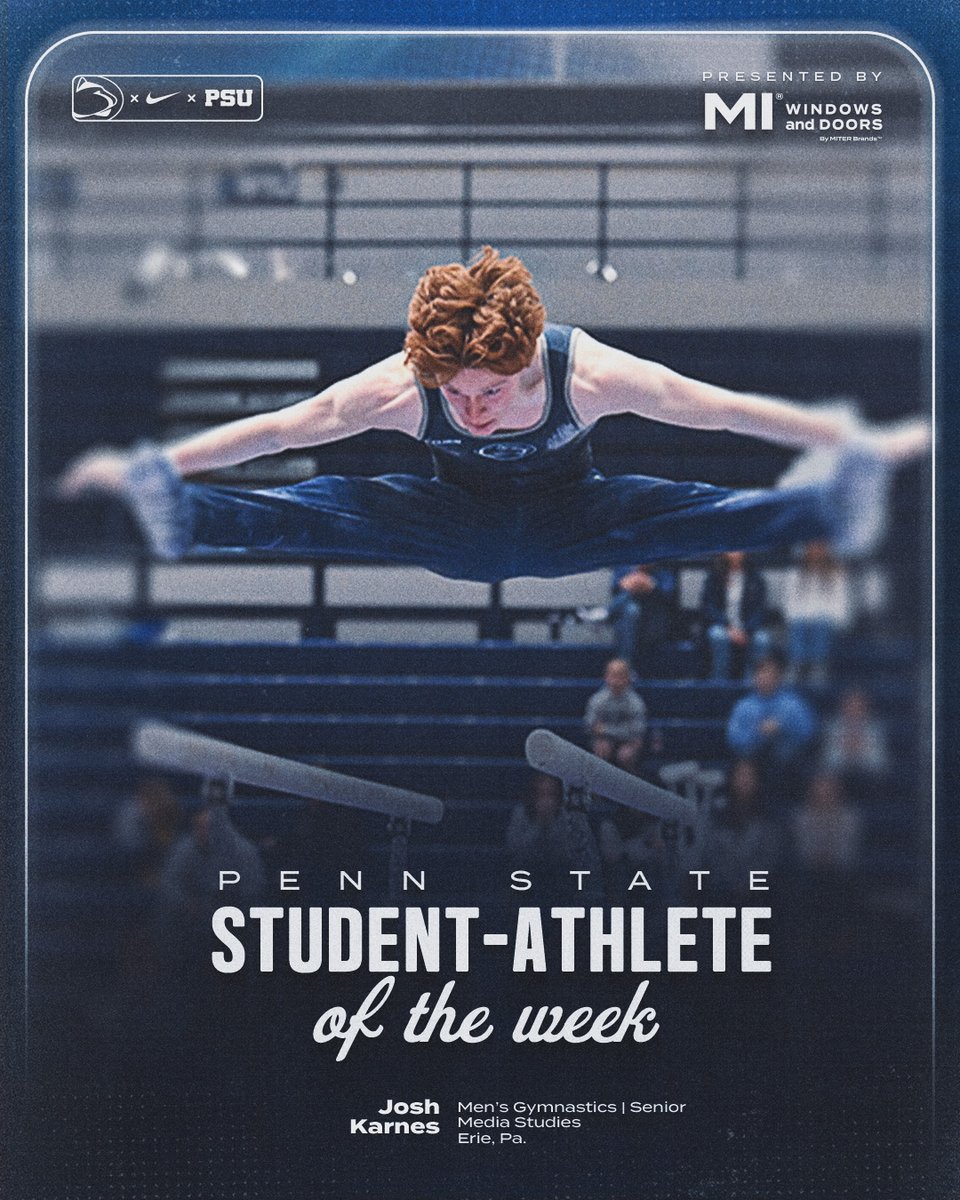 GoPSUsports's tweet photo. Congratulations to the student-athletes of the week! 📚

🤸 Josh Karnes posted a season best-score on floor (14.150) and parallel bars (14.600) in addition to his event win on high bar (14.000) to help @PennStateMGYM secure their first ever @B1GGymnastics regular season title with a win over No. 4-ranked Nebraska. Without his scores on the final two rotations, the Cornhuskers would have pulled away and ended up out of striking distance by the final apparatus. Karnes’s P-Bar routine was the best in the nation this year, as no other Division I men’s gymnast has received a score that high.

🏃‍♀️ Maddie Pitts finished ninth in the country in the pentathlon at the 2025 NCAA Indoor Track & Field Championships this weekend, earning second team All-America honors to become an All-American for the first time in her career. She tied her own No. 3 mark in @PennStateTFXC history with 4,229 points in the pentathlon, and set PRs in the 60-meter hurdles (8.38) and long jump (19-8.75, 6.01m) on her way to an outstanding score.

#WeAre