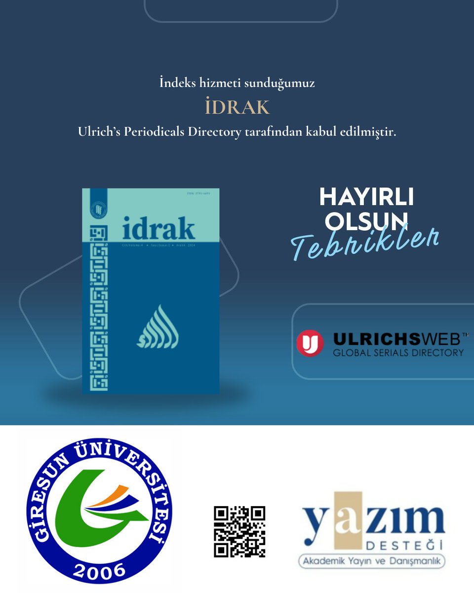 Giresun Üniversitesi İlahiyat Fakültesi dergimiz <a href="/idrakdergisi/">idrakdergisi</a> uluslararası veritabanı "Ulrich's Periodicals Directory" tarafından taranmaya başlamıştır.