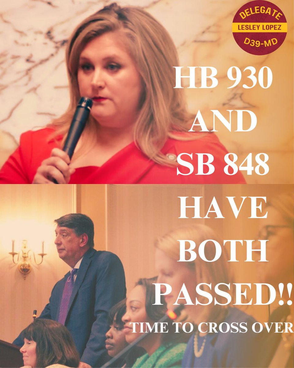 LesleyJLopez's tweet photo. BIG NEWS: HB930 &amp; SB848 are on the move! 🚀 Both passed &amp; are crossing over! Just a few small hurdles left—the path to victory (and the Governor's pen) is clearer than ever. Let’s keep up the momentum! 💜🏛️ 
#MDPolitics #ReproductiveHealth #AccessToCare #Crossover #MakingLaws https://t.co/9GtdXfTNs3