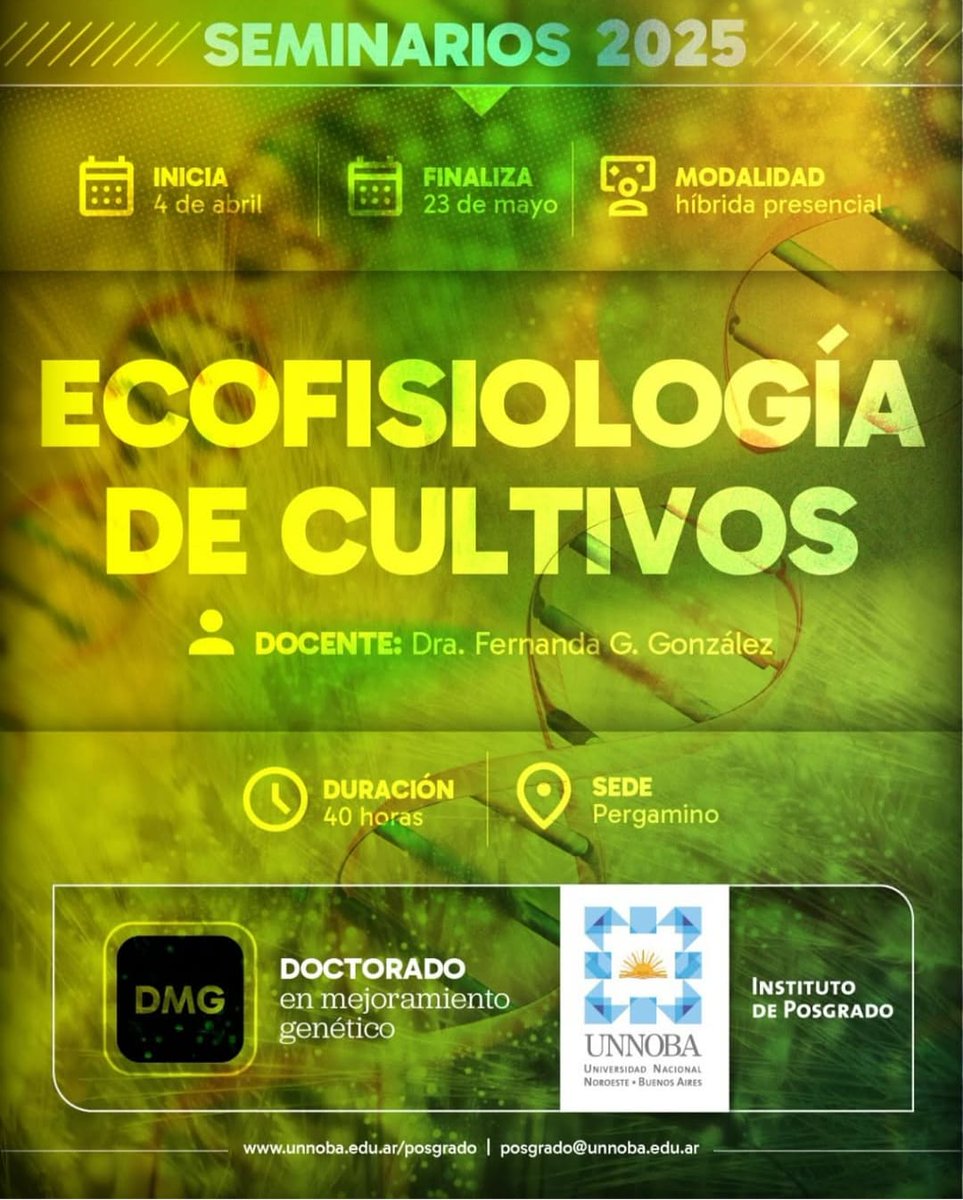FerGGonzalez73's tweet photo. Inscripción abierta al Curso de postgrado de Ecofisiologia de Cultivos! 
Informes 👇
posgrado@unnoba.edu.ar https://t.co/z3ZRRT4c3K
