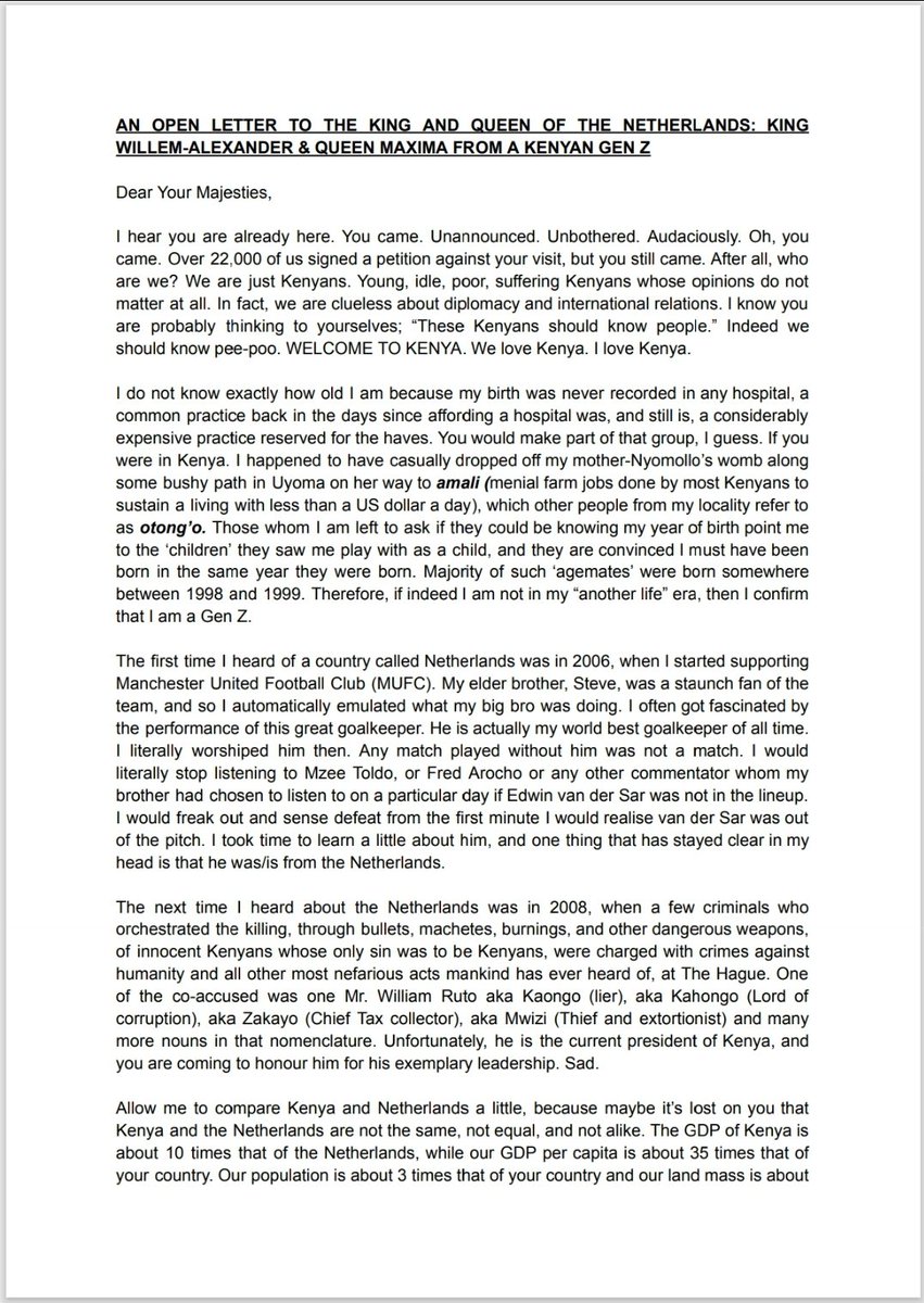 okayojoshua's tweet photo. AN OPEN LETTER TO THE KING AND QUEEN OF THE NETHERLANDS: KING WILLEM-ALEXANDER &amp; QUEEN MAXIMA FROM A KENYAN GEN Z

Dear Your Majesties, https://t.co/saaO5Wpgqq