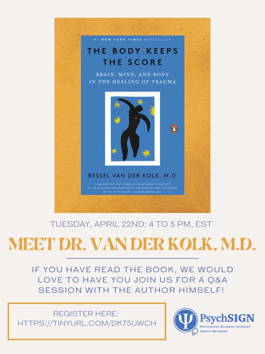 Exciting events happening soon!    

Mental Health Mondays: Monday 3/24 7PM EST via Zoom: rutgers.zoom.us/j/98764302696?…
Q&amp;A w/ Dr. van der Kolk, author of The Body Keeps the Score: 4/22 4PM EST via Zoom register here along with your questions: tinyurl.com/dk75uwch

#APA #Psych