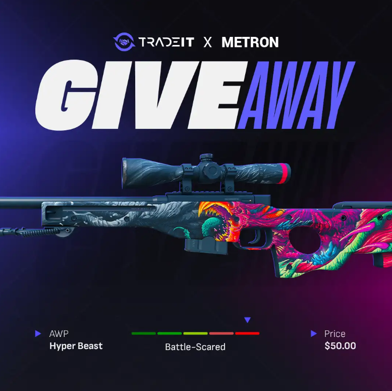 KingMetroN's tweet photo. 🟪$50 AWP Hyper Beast Giveaway🟪

👉To enter:
✅FOLLOW ME  &amp; @tradeit_gg 
✅RT + LIKE
✅TAG 2 FRIENDS

📅ends in 7 days https://t.co/PtnPvtqTND